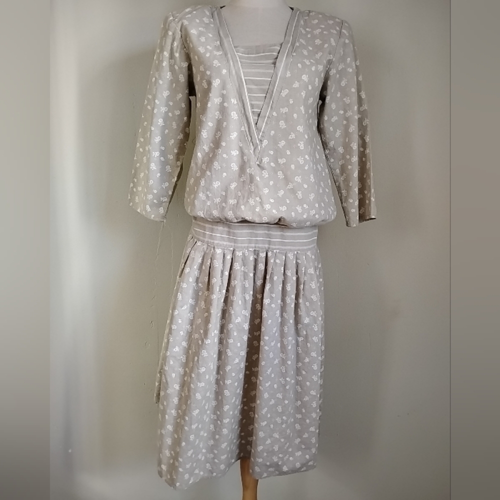 Vtg You Babes Drop-Waist Edwardian V-Neck Prairie Cottage Dress Calico Floral S